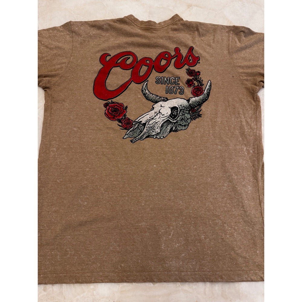 Coors Banquet Beer Steer Skull Roses Graphic T-Shirt Mens XL Tan Heather T-132
